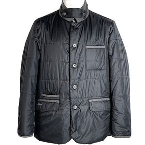 Louis Castel Mens Quilted Puffer Jacket Black Grey Trim Button Front Size 95